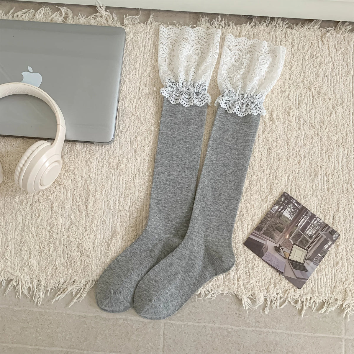 Dark Academia Autumnal Lace Ruffle Calf Socks