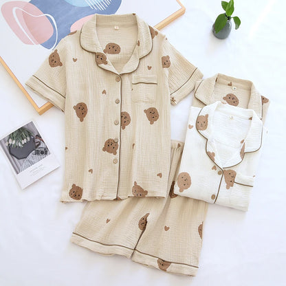 Summer Pure Cotton Cute Crepe Bear Pyjamas Sleepwear & Loungewear Set