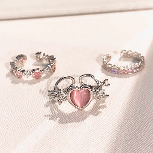 Cute 3pcs Pink Heart Zircon Open Adjustable Rings