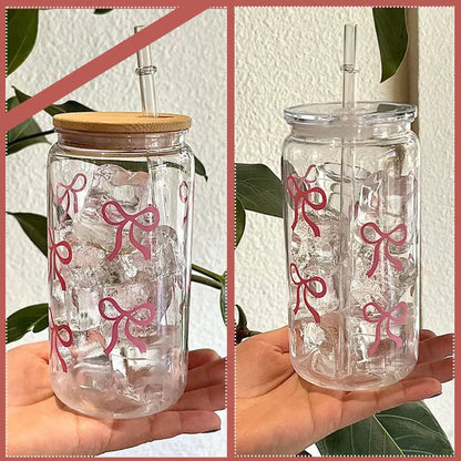 Pink Bow Plastic Iced Coffee Drinks Cup With Lid & Straw