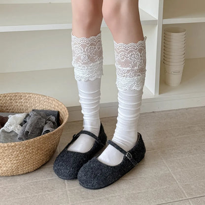 Dark Academia Autumnal Lace Ruffle Calf Socks