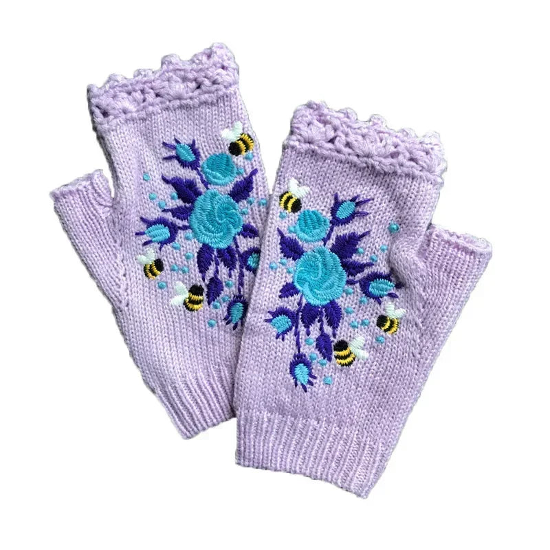 Cozy Floral Half Finger Knitted Gloves