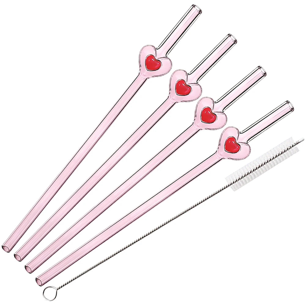 4Pcs Reusable Heart Straws Glass Straws