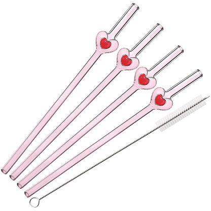 4Pcs Reusable Heart Straws Glass Straws