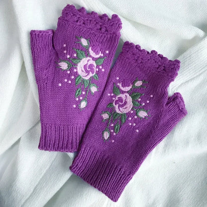 Cozy Floral Half Finger Knitted Gloves