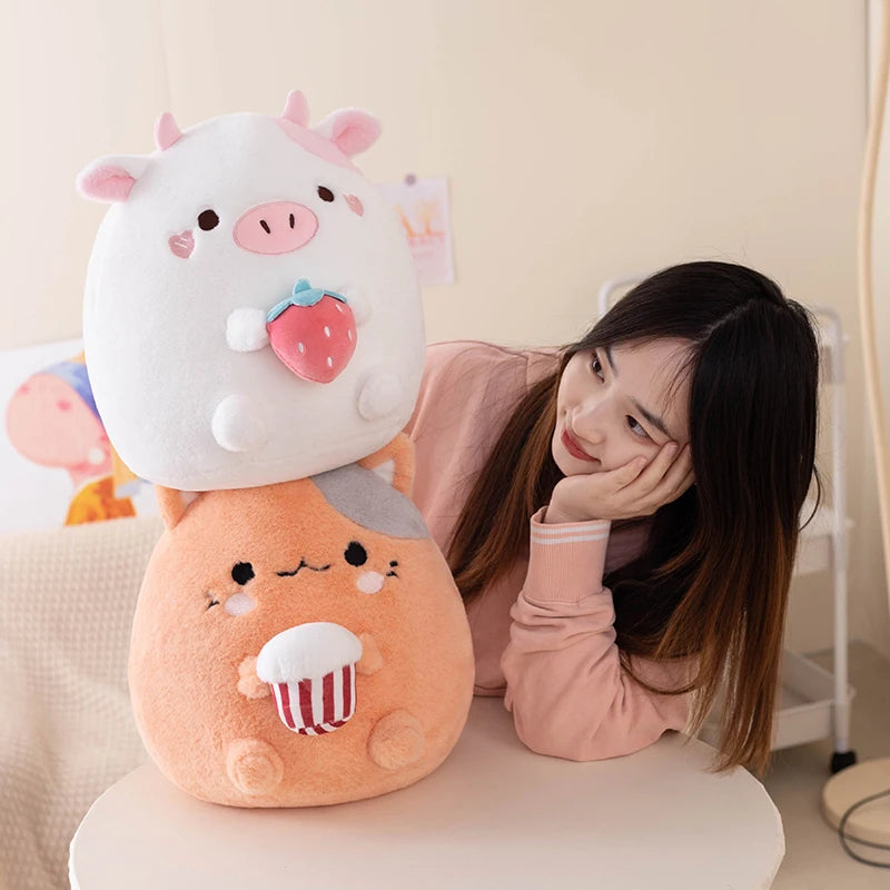 Kawaii Cow and Cat Stuffed Animal Strawberry Popcorn Plushies