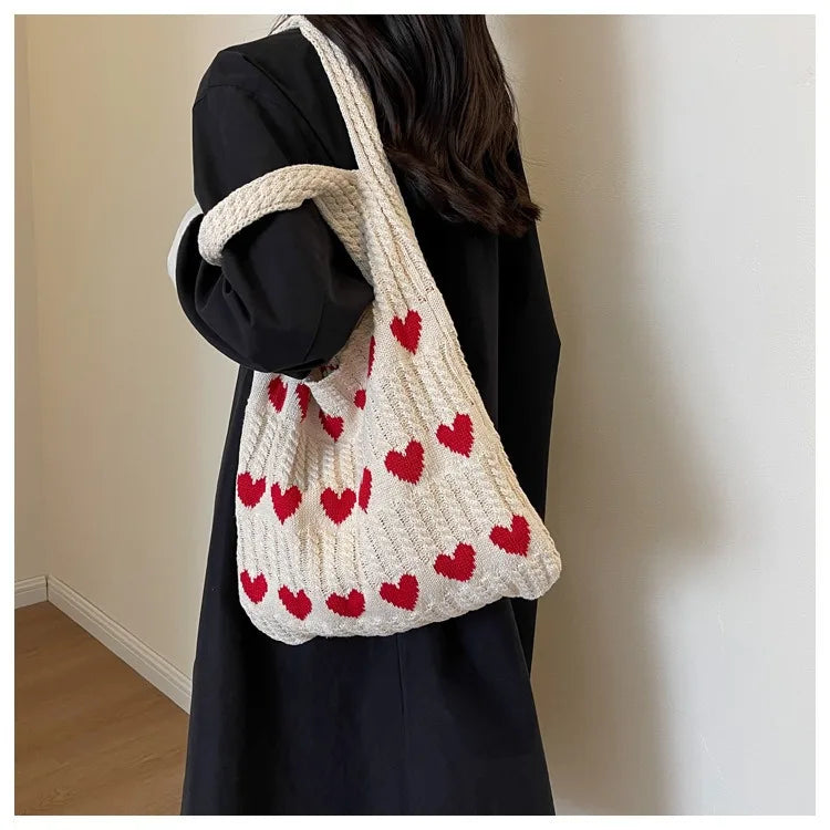 Knitted Heart Shopping Shoulder Bag with Heart Pattern