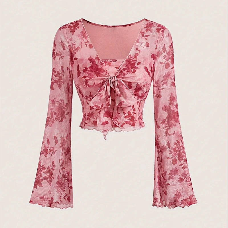 Cute Floral Printed V-Neck Mesh Whimsical Flare Top