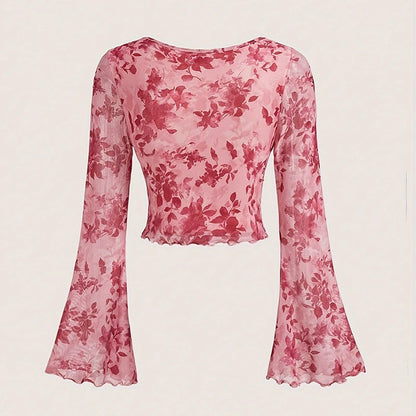Cute Floral Printed V-Neck Mesh Whimsical Flare Top