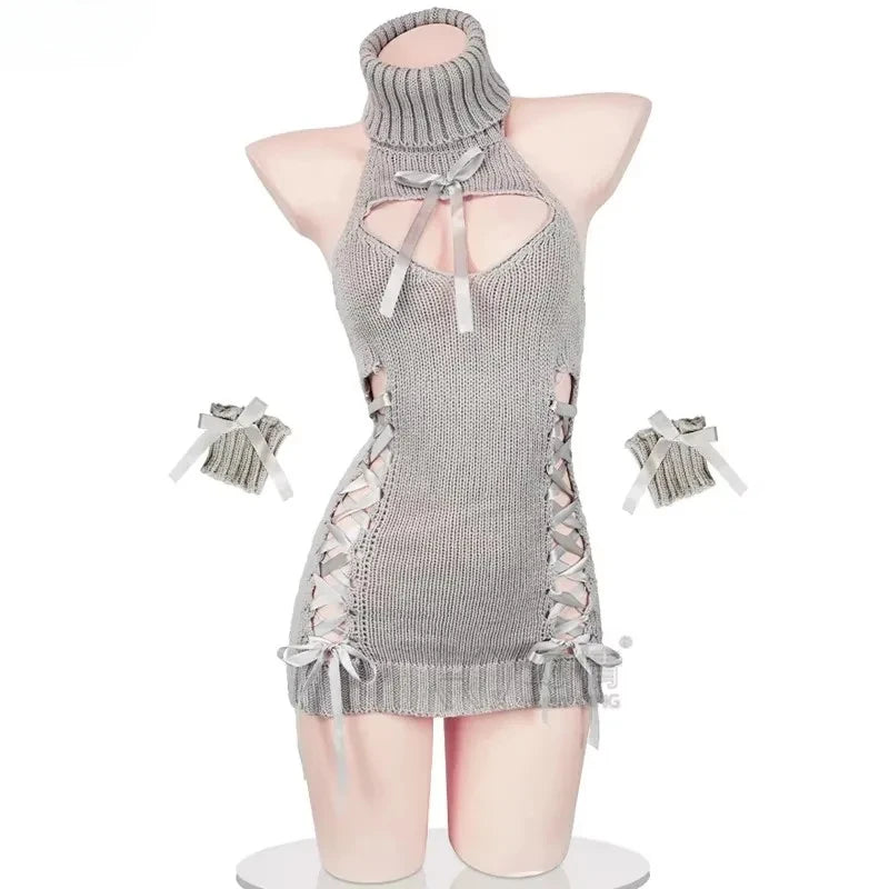 Cozy Anime Grey Turtleneck Knit Halter Dress