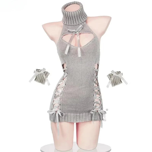 Cozy Anime Grey Turtleneck Knit Halter Dress