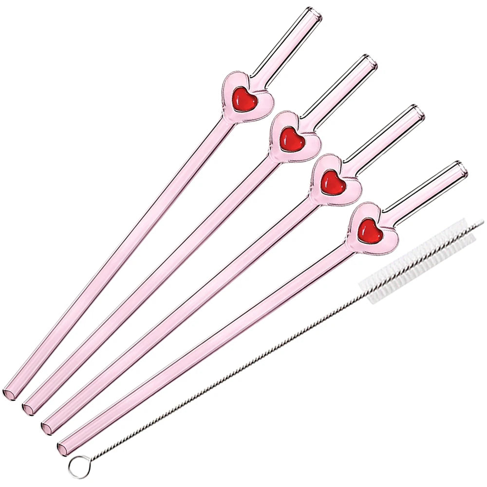 4Pcs Reusable Heart Straws Glass Straws