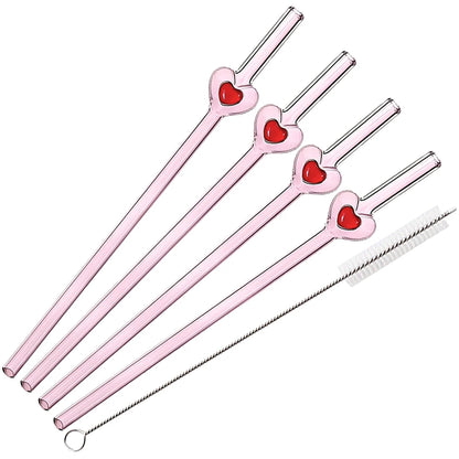 4Pcs Reusable Heart Straws Glass Straws