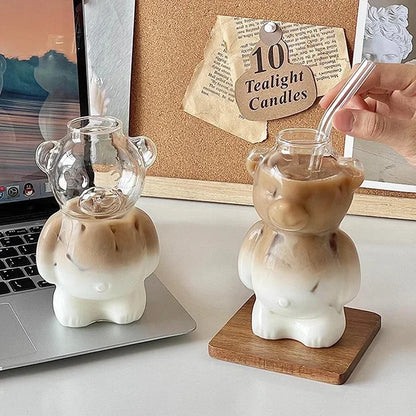 Cute Cartoon Bear Shaped Glass Cup With Straw