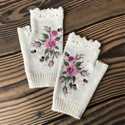 Cozy Floral Half Finger Knitted Gloves