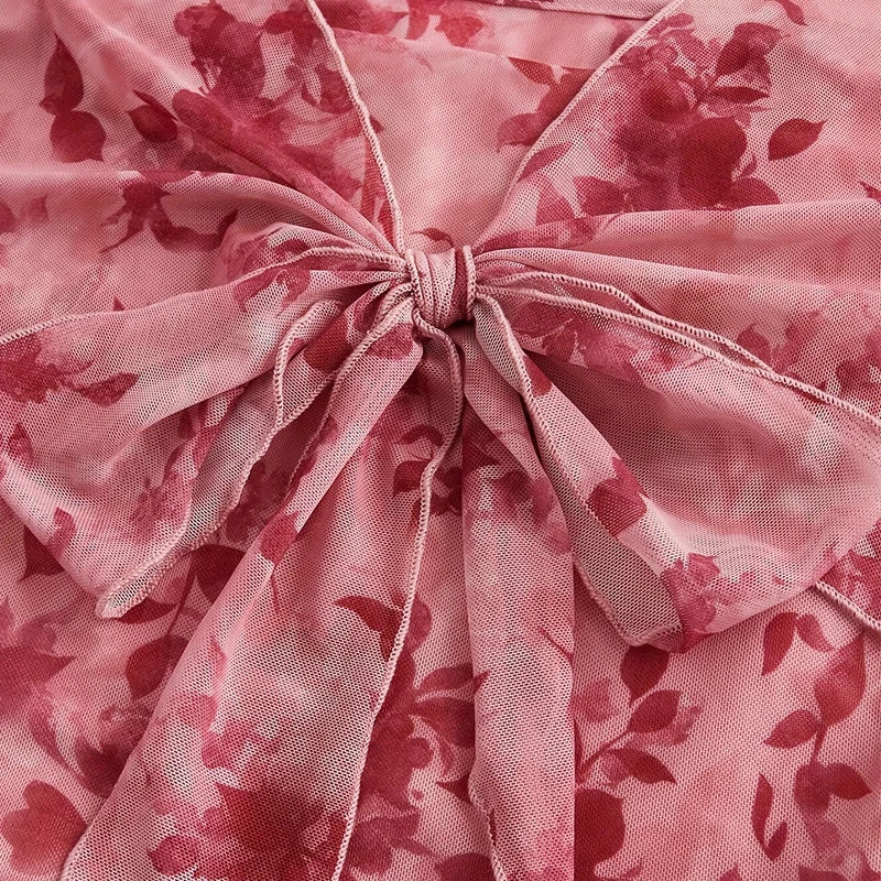 Cute Floral Printed V-Neck Mesh Whimsical Flare Top