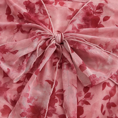 Cute Floral Printed V-Neck Mesh Whimsical Flare Top