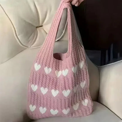 Knitted Heart Shopping Shoulder Bag with Heart Pattern