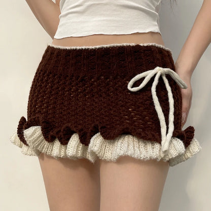 Brown Cute & Cosy Knitted Pom Pom Mini Skirt