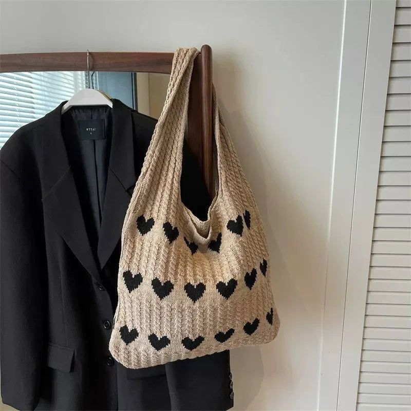 Knitted Heart Shopping Shoulder Bag with Heart Pattern