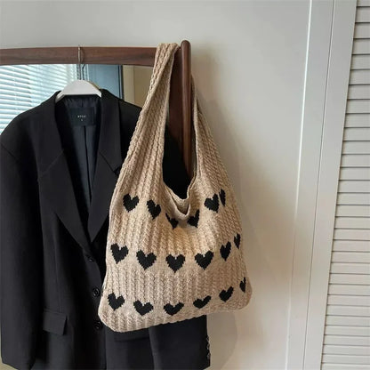 Knitted Heart Shopping Shoulder Bag with Heart Pattern