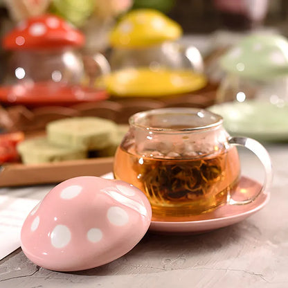 Cute Mushroom Ceramic Glass 290ml Tea Mug with Saucer Gift Set