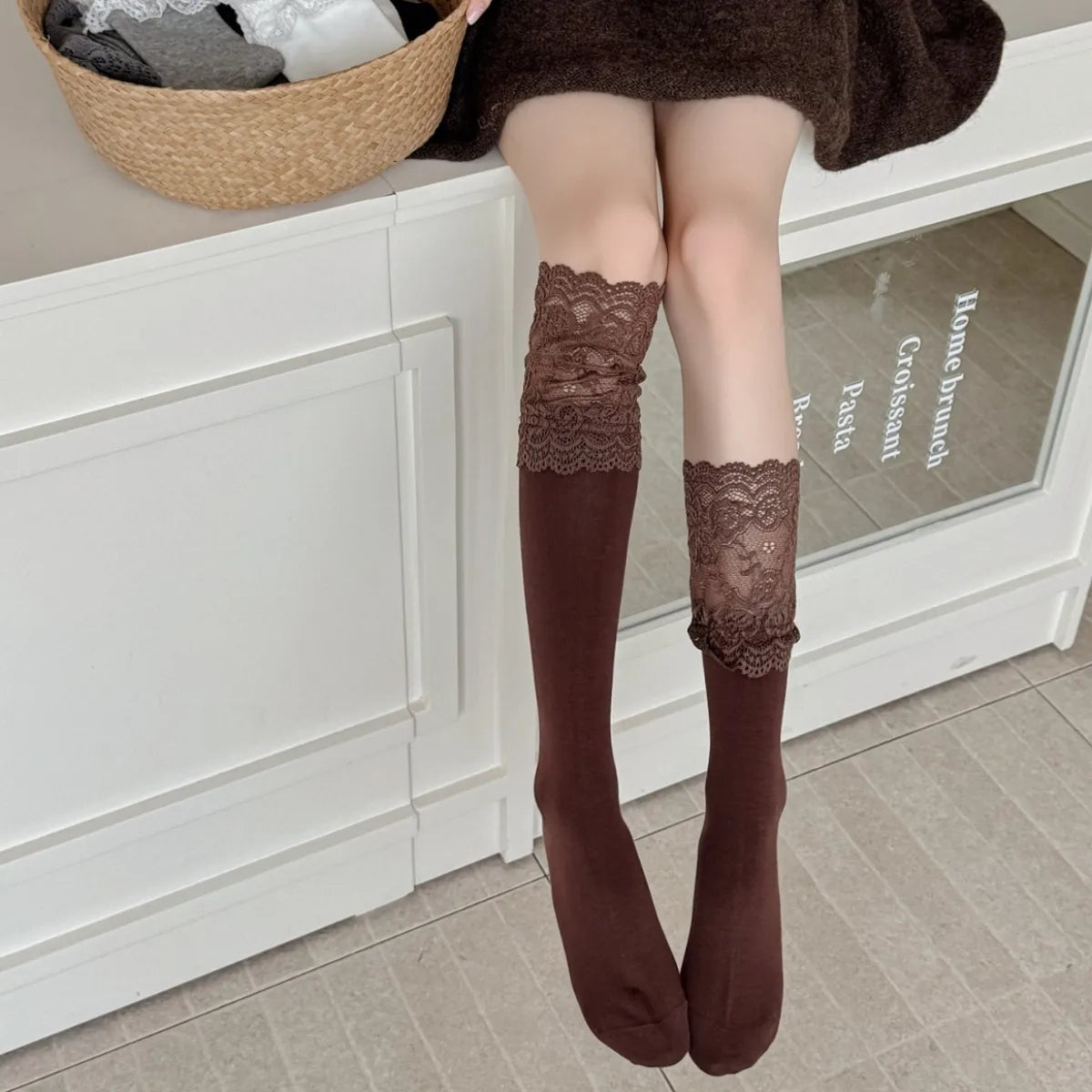 Dark Academia Autumnal Lace Ruffle Calf Socks