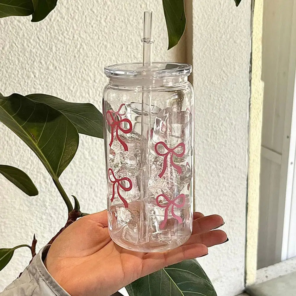 Pink Bow Plastic Iced Coffee Drinks Cup With Lid & Straw