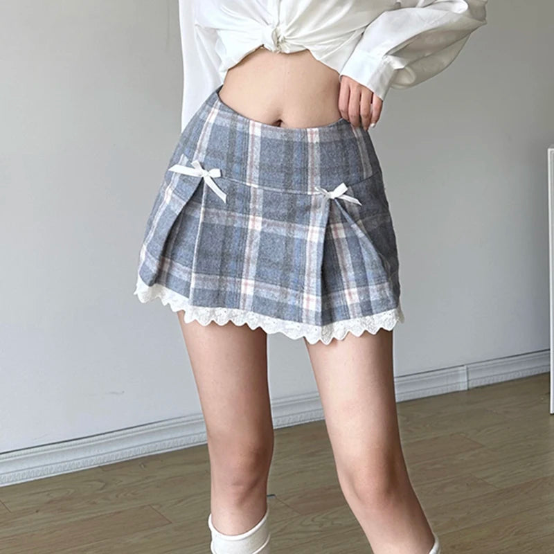 Super Cute Blue & White Bow Pleated Plaid Skirt