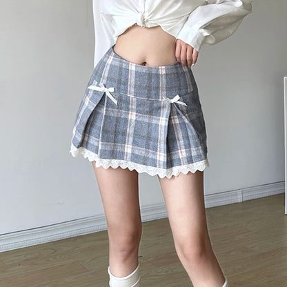 Super Cute Blue & White Bow Pleated Plaid Skirt
