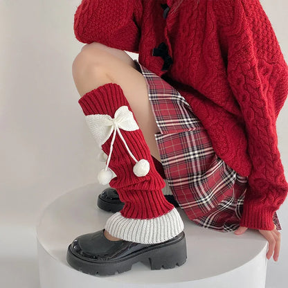 Cozy Cute Bow Pom Pom Leg Warmers