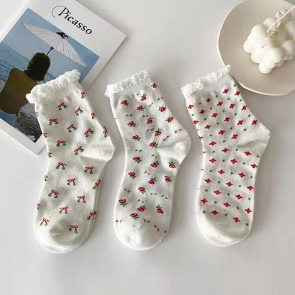 Cotton Cartoon Heart Flower Print Socks