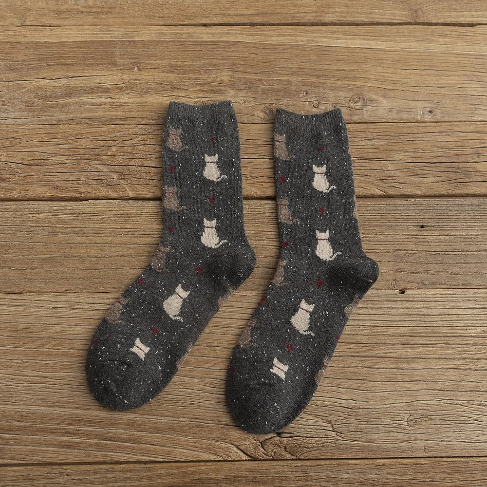 Warm Winter Cute Cat Heart Dots Socks, 1 Pair