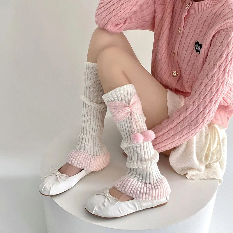 Cozy Cute Bow Pom Pom Leg Warmers