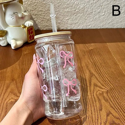 Pink Bow Plastic Iced Coffee Drinks Cup With Lid & Straw
