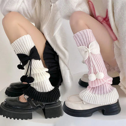 Cozy Cute Bow Pom Pom Leg Warmers