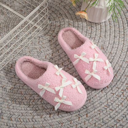 Cosy Pink Bow Plush Cream Slippers