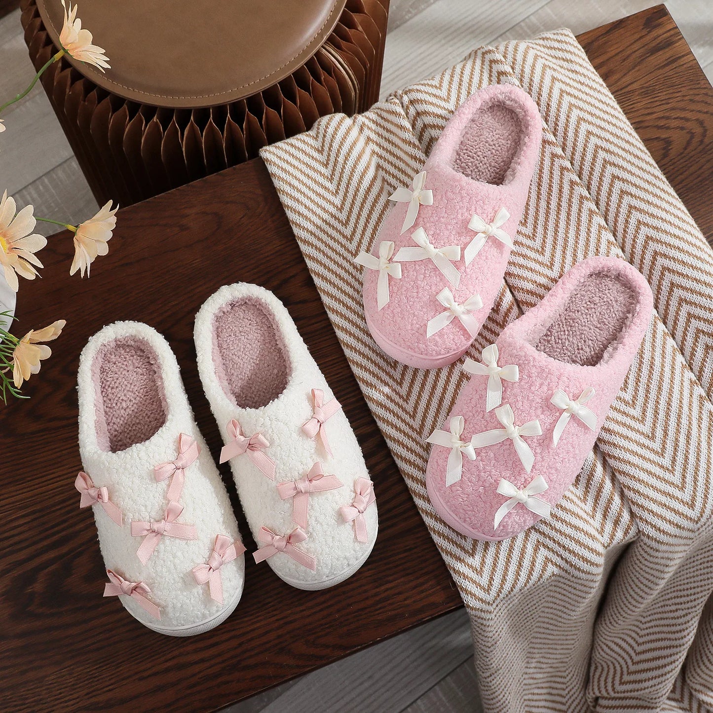 Cosy Pink Bow Plush Cream Slippers