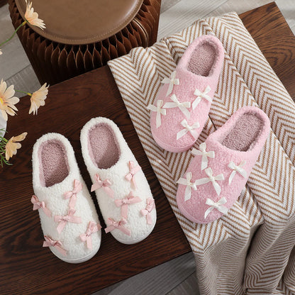 Cosy Pink Bow Plush Cream Slippers