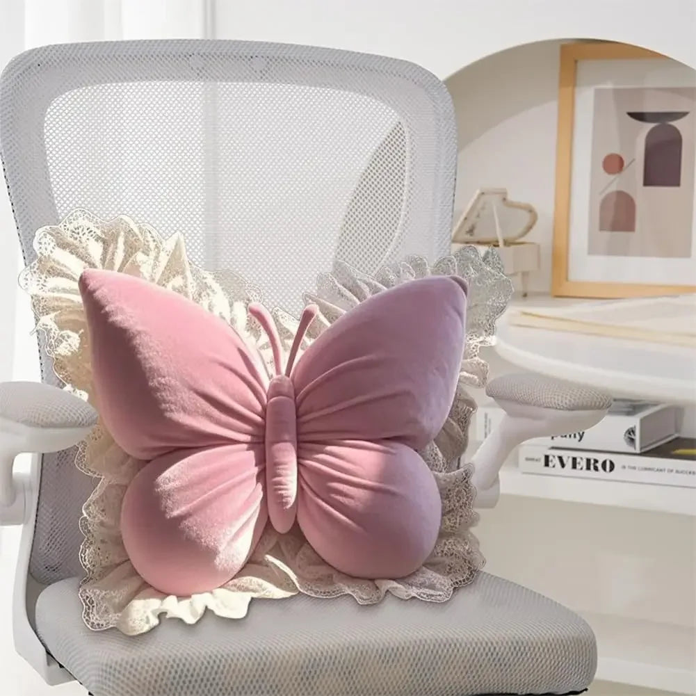 Cute Pink Frill Velvet Butterfly Bow Cushion (Various Colours)
