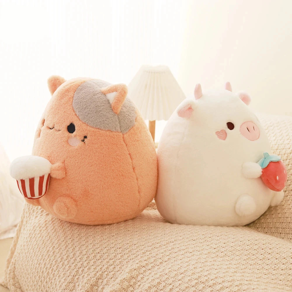 Kawaii Cow and Cat Stuffed Animal Strawberry Popcorn Plushies