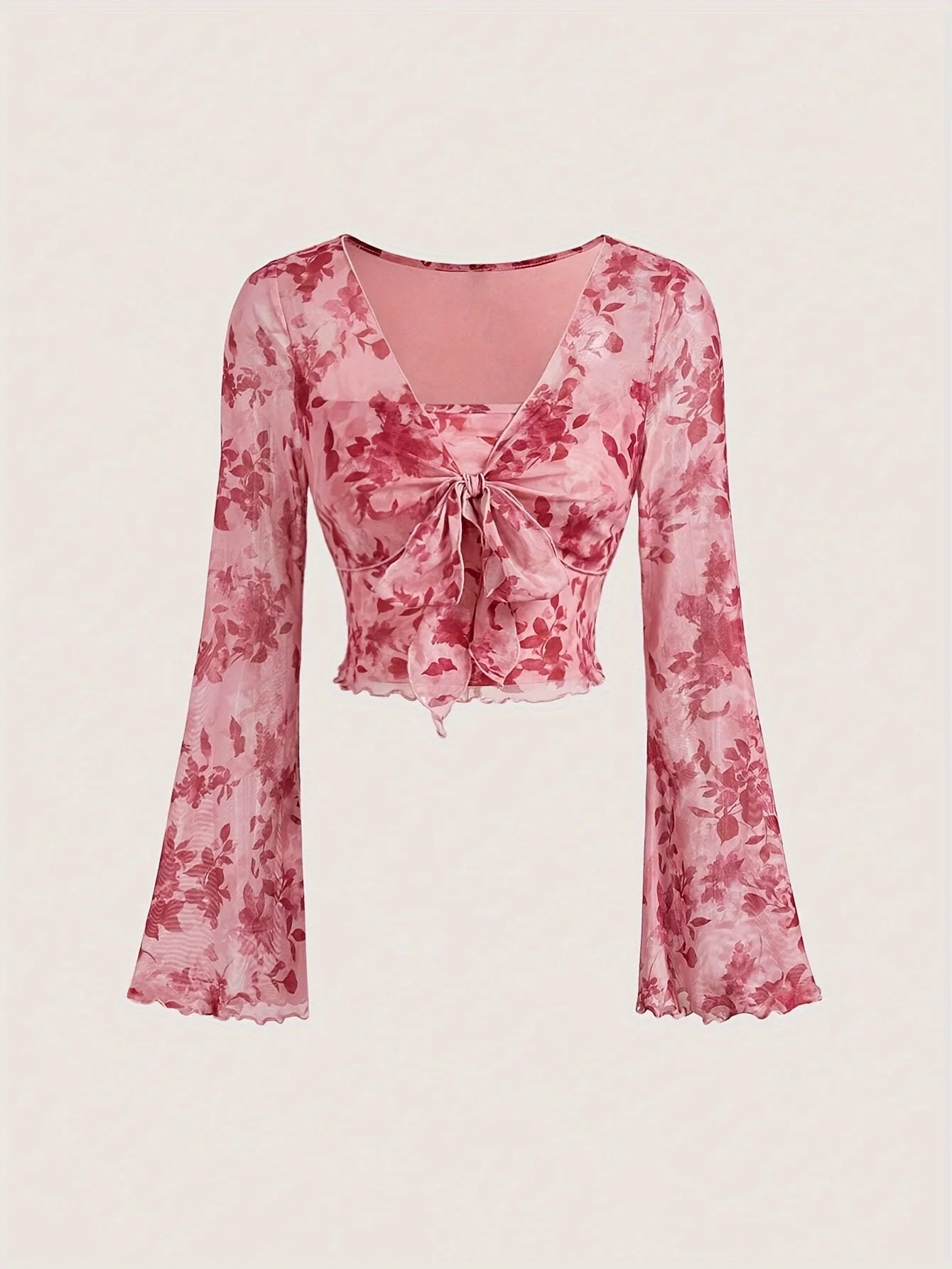 Cute Floral Printed V-Neck Mesh Whimsical Flare Top