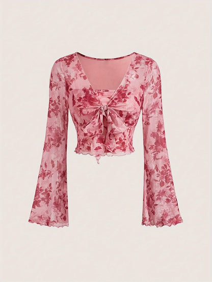 Cute Floral Printed V-Neck Mesh Whimsical Flare Top