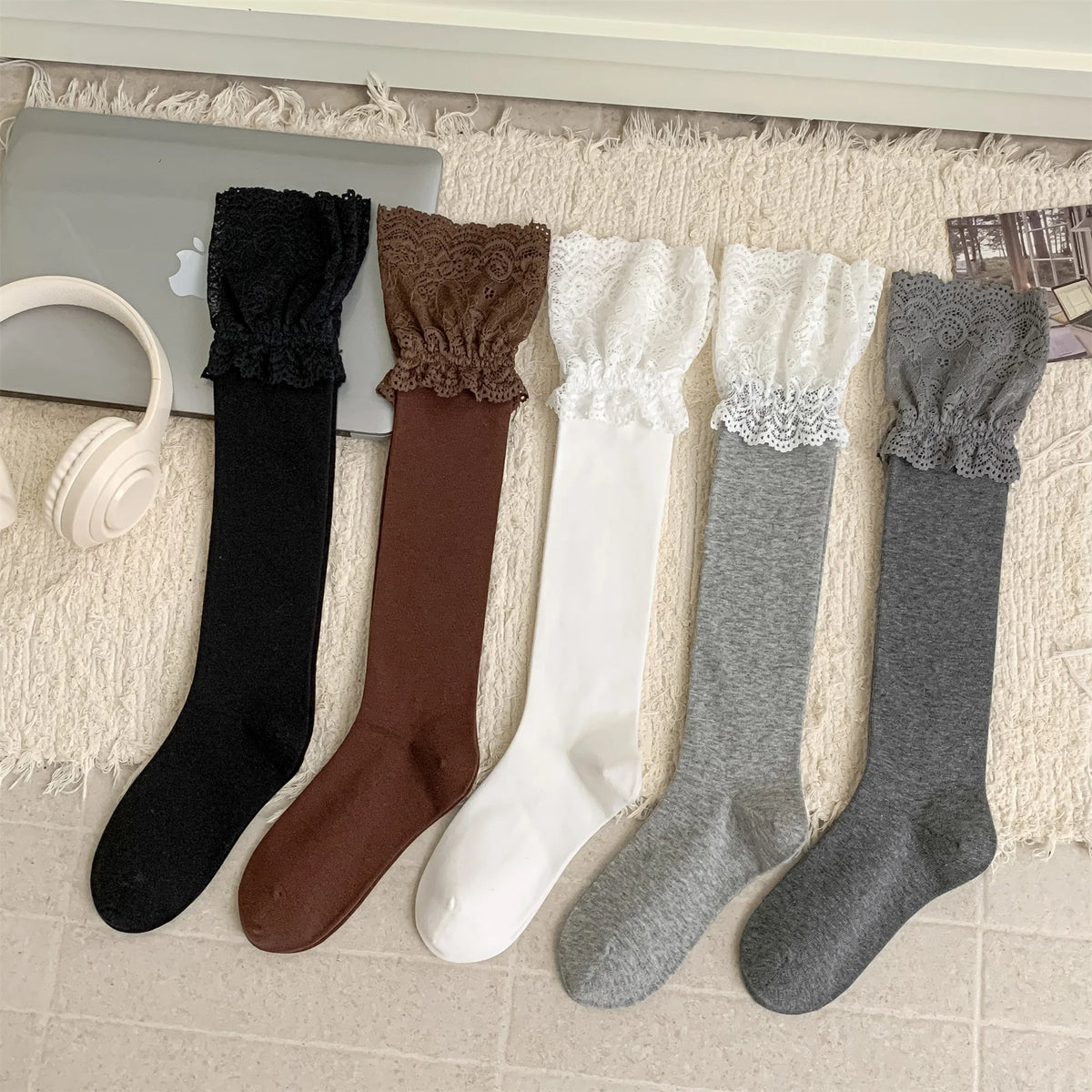 Dark Academia Autumnal Lace Ruffle Calf Socks