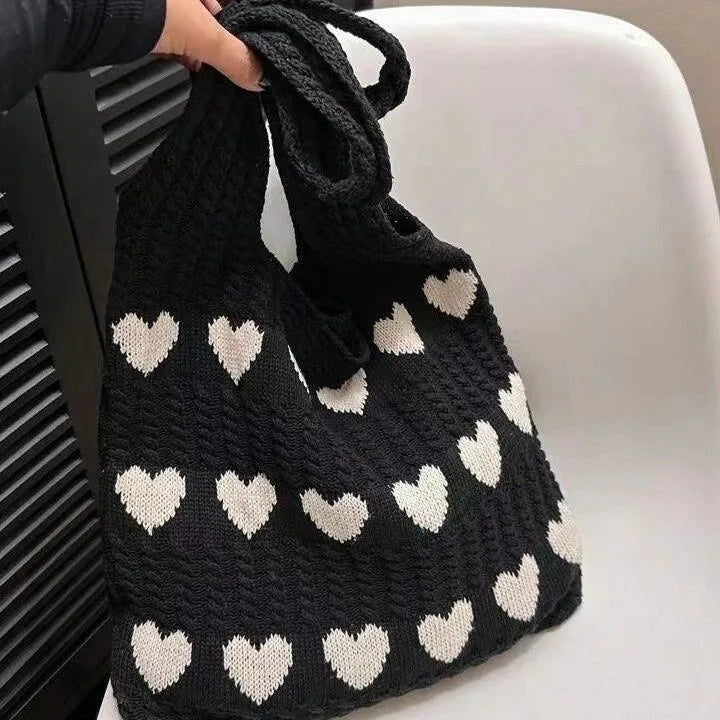 Knitted Heart Shopping Shoulder Bag with Heart Pattern