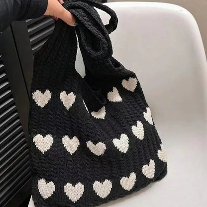 Knitted Heart Shopping Shoulder Bag with Heart Pattern