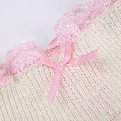 Cream Knit Cute Lace Ribbons Bandage Cozy Mini Skirt