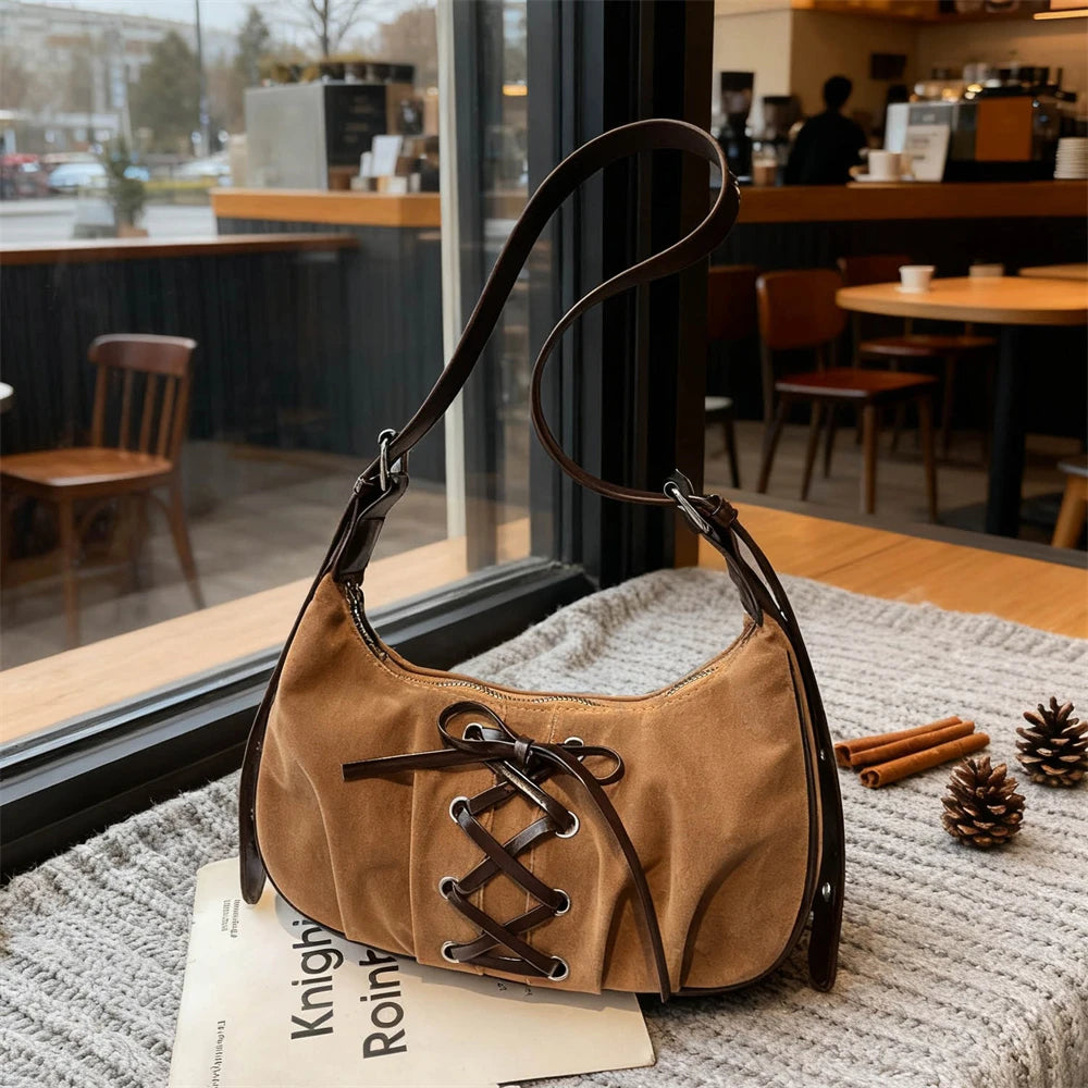 Neutral Brown Underarm Lace Up Shoulder Hand Bag