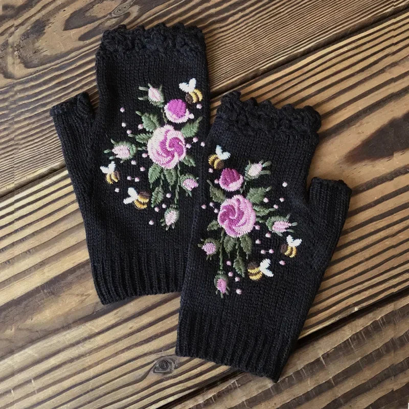 Cozy Floral Half Finger Knitted Gloves