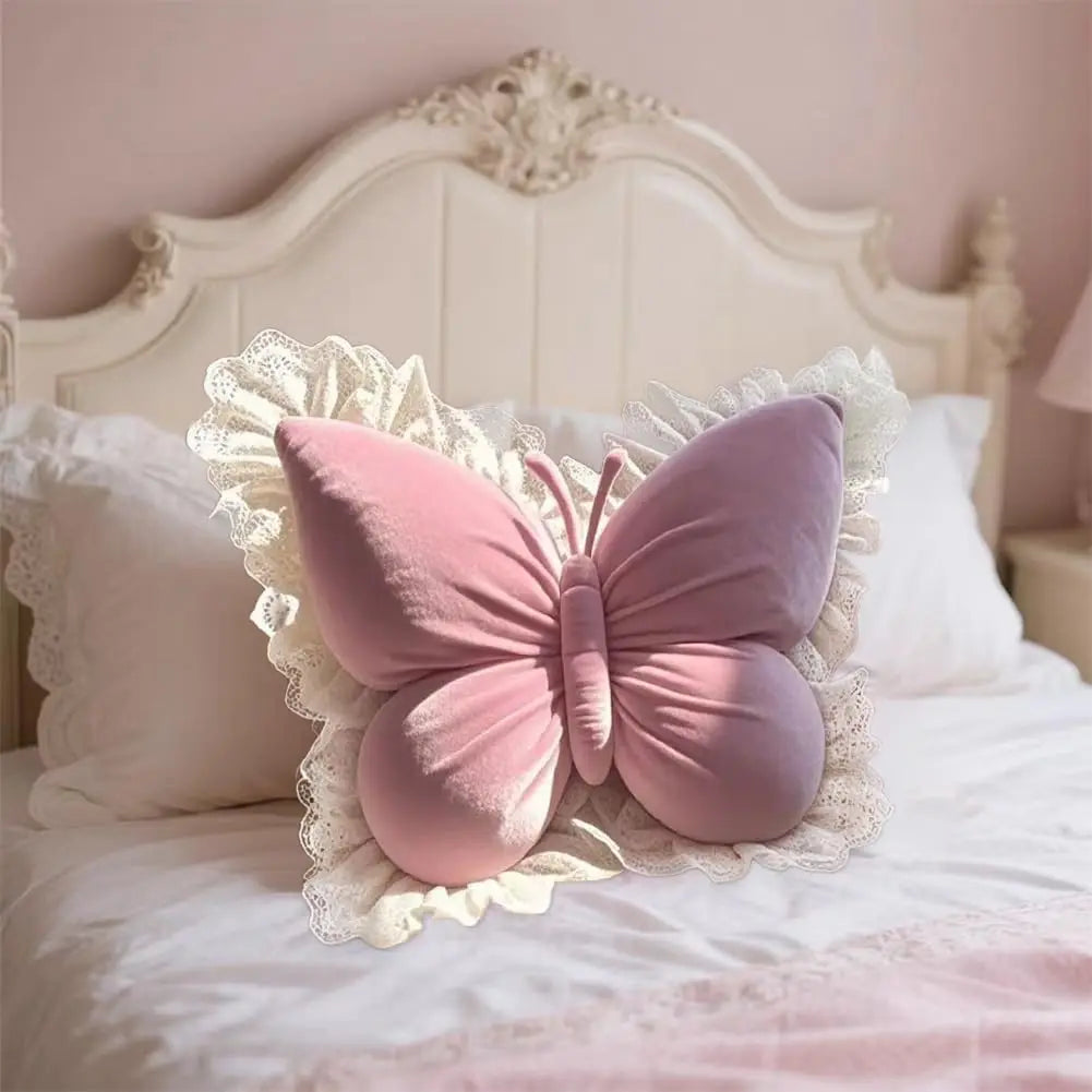 Cute Pink Frill Velvet Butterfly Bow Cushion (Various Colours)
